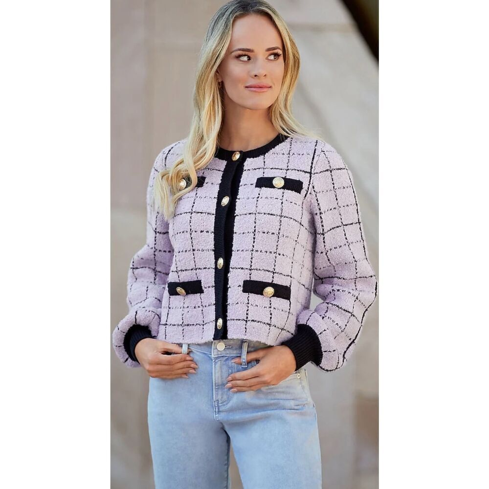 New Express Plaid Sweater Jacket Lavender Black with Gold Buttons